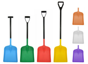 Deep pan large shovel ext D grip, yellow, size 341 x 395 x 1159 mm